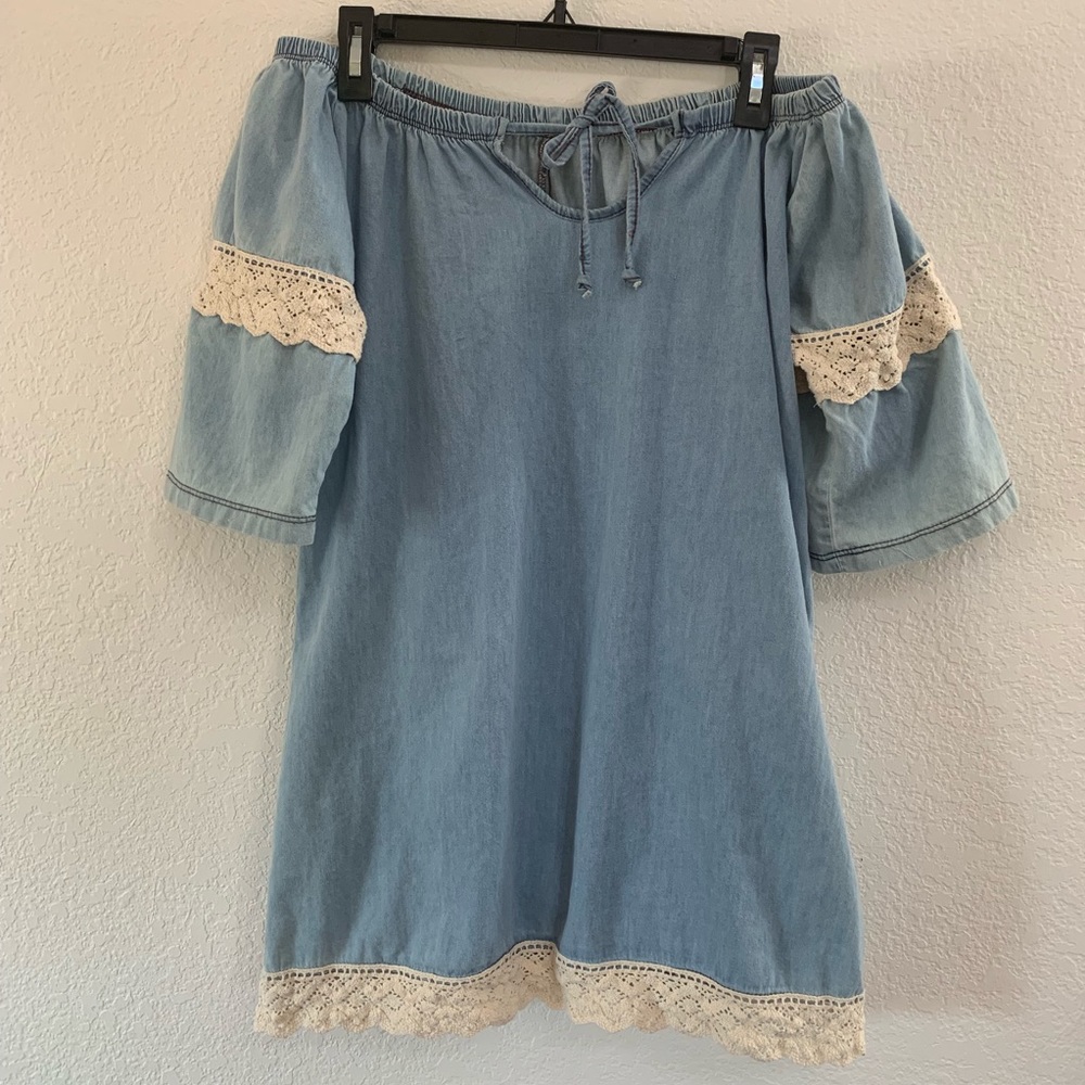 Mapale Blue Lace Accent Off The Shoulders Dress